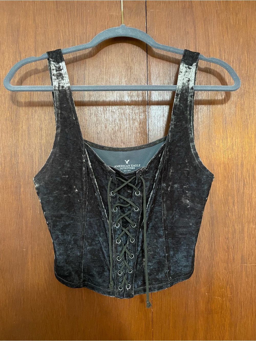 American Eagle Outfitters Dark Olive Velvet Lace-Up Cropped Tank - Size L